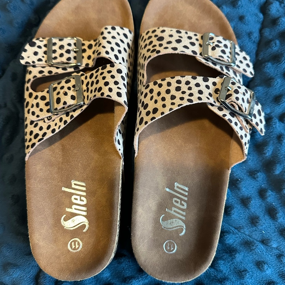 SHEIN Black and Tan Sandals Two-Strap Comfort